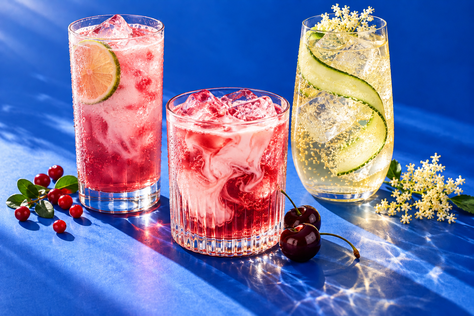 Three ice-cold drinks: creamy lingonberry coconut soda, pink Cherry Cloud with white soda and cream, and a pale elderflower spritz
